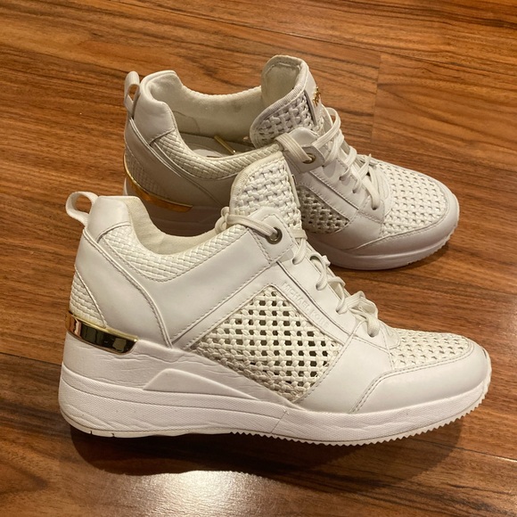 Michael Kors White and Gold Wedge Sneakers - Picture 4 of 9